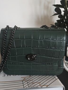 Coach Madison Dark Green Croc-Embossed Leather  Shoulder Bag
